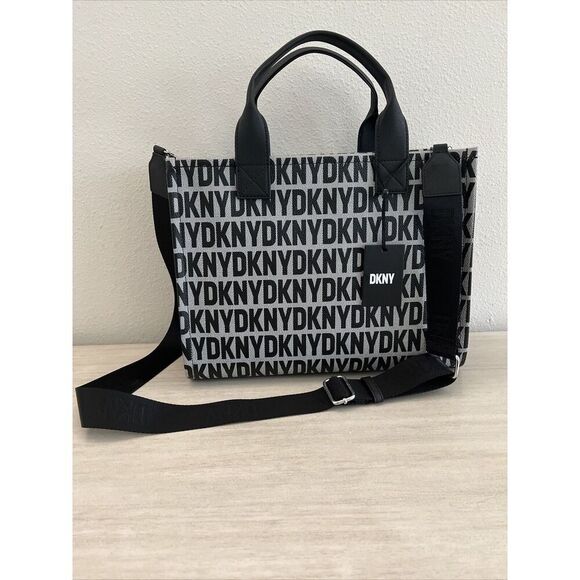 DKNY Hadlee Medium LARGE Tote LOGO Crossbody BLACK GRAY White Handbag Purse - Picture 2 of 16